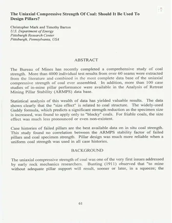 Más sobre La Resistencia a la Compresión Uniaxial del Carbón: ¿Debe Utilizarse para Diseñar Pilares?